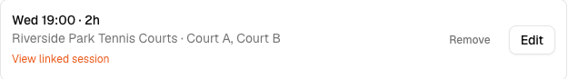 A saved court schedule with day, time, and location