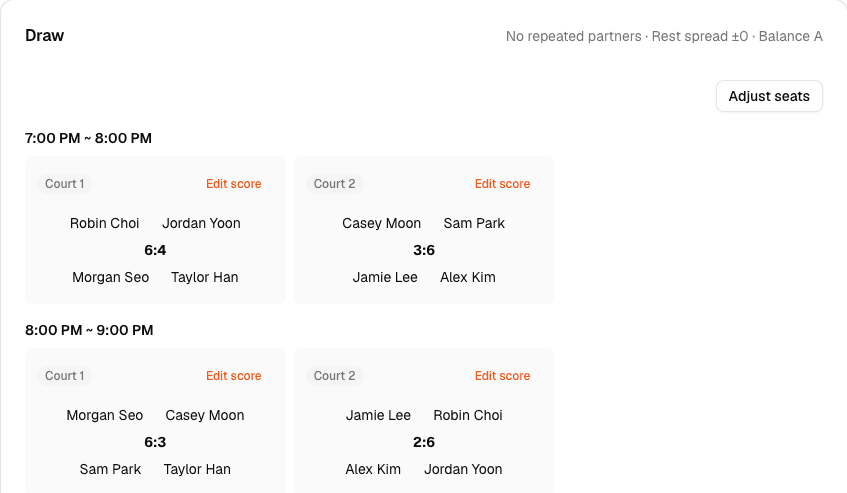 MatchRobin draw screen showing zero repeated partners and a fairness score