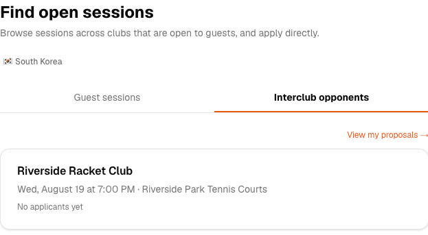 Public interclub match listing with club name, sport, and date