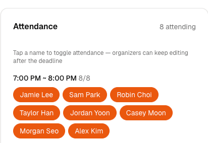 Member RSVP screen — tap a time slot, no signup required